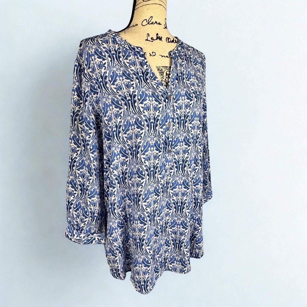 Grand & Greene Popover Blouse Damask Paisley Button Front Tunic Sz Large